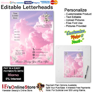Purple Pink Clouds Dove Cross Funeral Memorial  Custom Letterhead