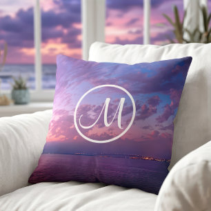 Purple pink clouds ocean sunset photo monogram cushion