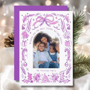 Purple Pink Coquette Doodle Christmas Family Photo Holiday Card