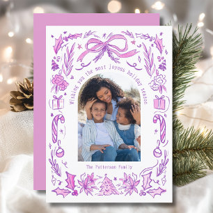 Purple Pink Coquette Doodle Christmas Family Photo Holiday Card