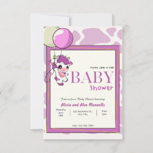 Purple Pink Cow with Balloon baby shower Invitation