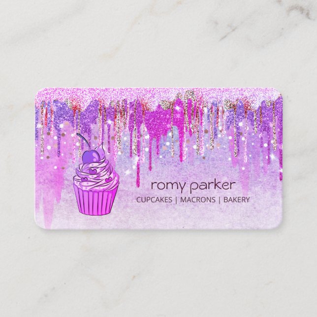 Purple Pink Cupcake Home Bakery Pastry Dripping Business Card (Front)