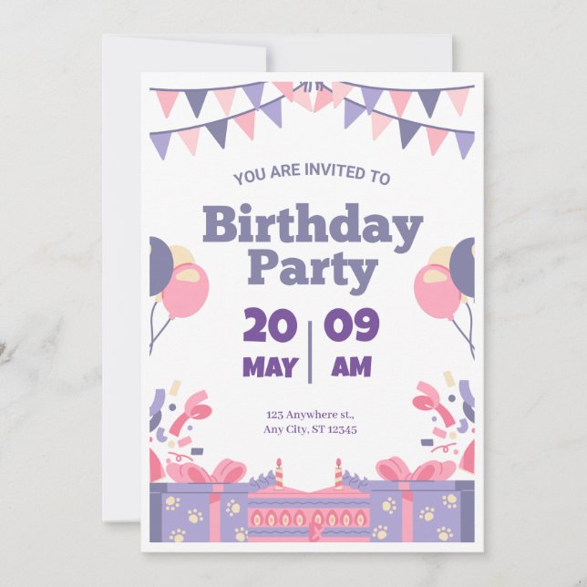 Purple & Pink Cute Birthday Party Invitation (Front)