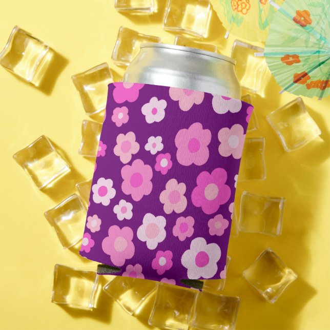 Purple Pink Daisies Cute Colourful Fun Floral Can Cooler (In Situ Summer)