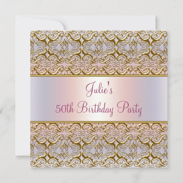 Purple Pink Damask Womans 50th Birthday Party Invitation (Front)