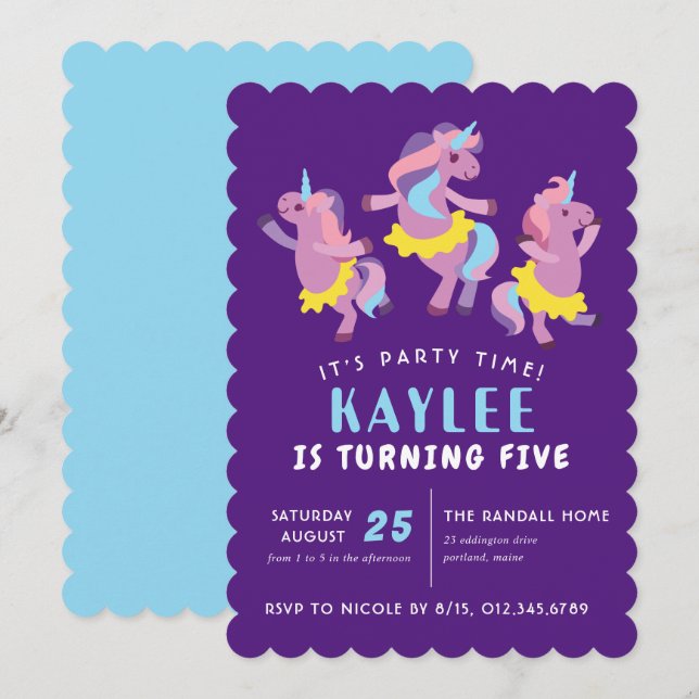 Purple Pink Dancing Unicorn Kids Birtnday Invitation (Front/Back)