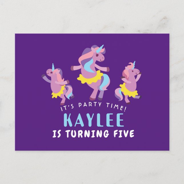 Purple Pink Dancing Unicorn Kids Birtnday Invitation Postcard (Front)