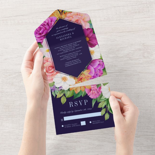 Purple Pink Dark Blue Bold Colourful Floral Weddin All In One Invitation (Tearaway)