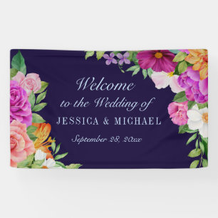 Purple Pink Dark Blue Bold Floral Wedding Welcome Banner