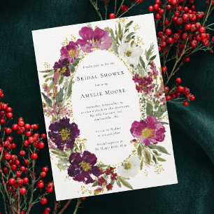 Purple Pink Dark Flower Wreath Bridal Shower Invitation
