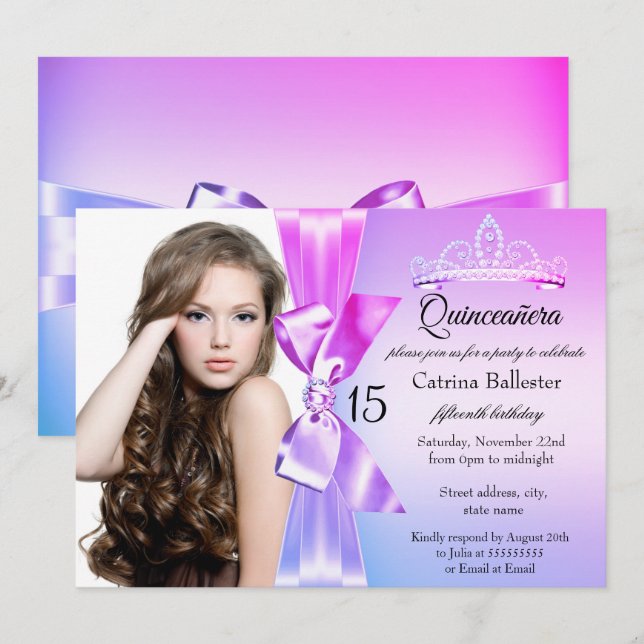 Purple Pink Diamond Bow Tiara Quinceanera Invite (Front/Back)