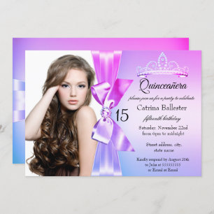 Purple Pink Diamond Bow Tiara Quinceanera Invite