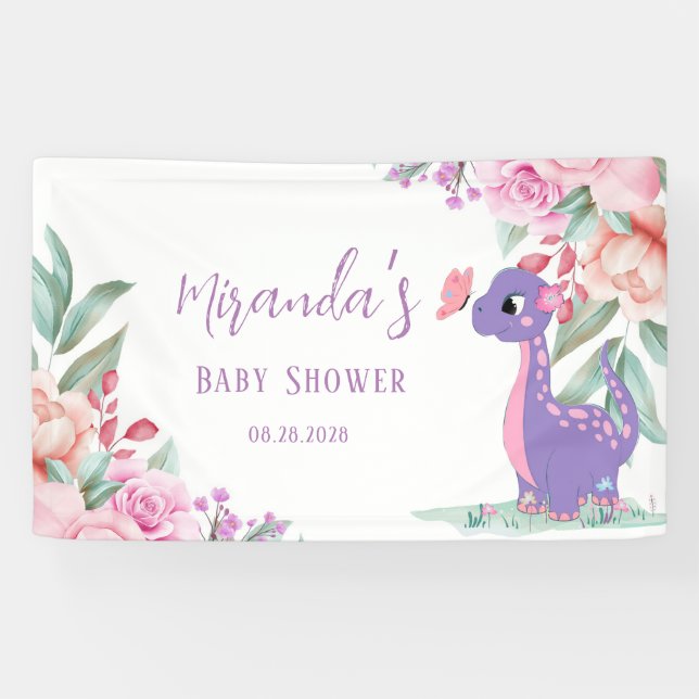  Purple Pink Dinosaur Butterfly Girl Baby Shower Banner (Horizontal)