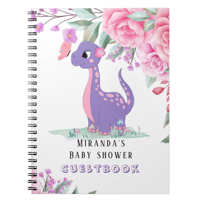 Purple Pink Dinosaur Girl Baby Shower Guestbook Notebook (Front)