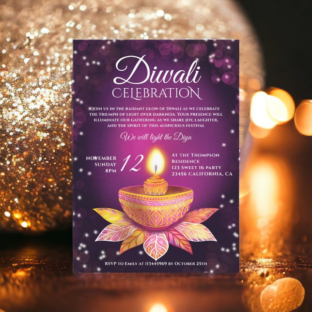 Purple pink Diwali Lamps light illustration script Invitation (Purple pink Diwali Lamps light illustration script Invitation)
