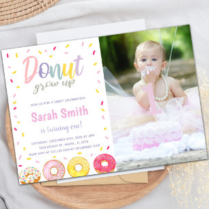 Purple Pink Donut Birthday Invitations with photo