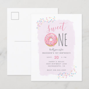 Purple   Pink Doughnut Sprinkle Sweet 1st Birthday Invitation Postcard