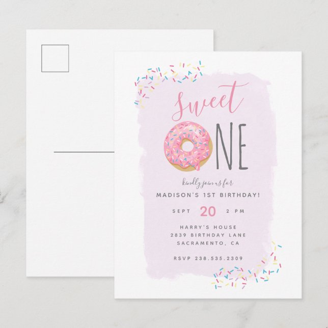 Purple | Pink Doughnut Sprinkle Sweet 1st Birthday Invitation Postcard (Front/Back)