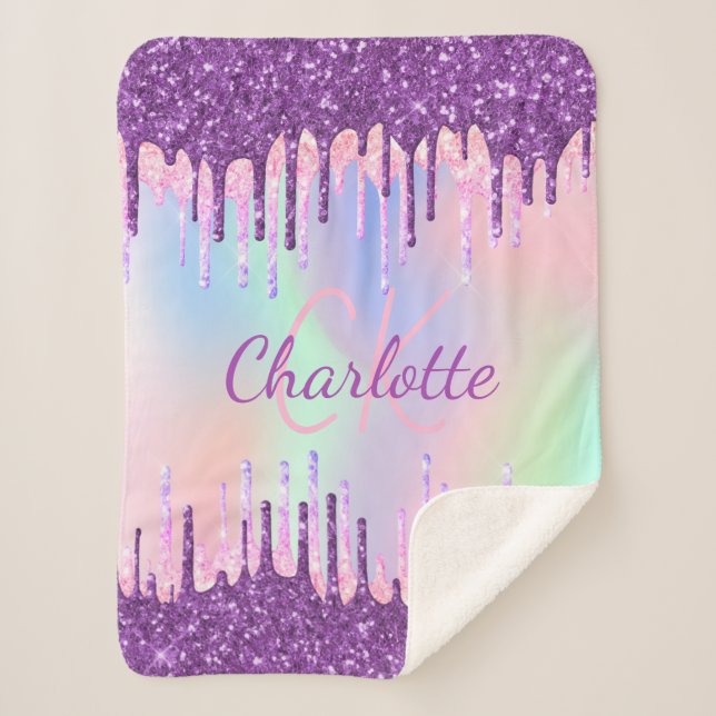 Purple pink drips holographic name initial sherpa blanket (Front)