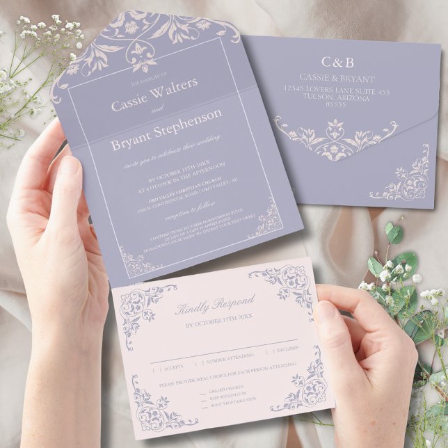 Purple Pink Elegant All in One Wedding Invitation (elegant lavender purple and blush pink chic all in one wedding invitation with rsvp card attached)