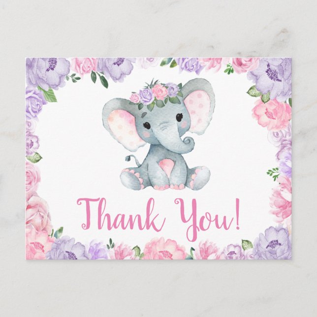 Purple pink Elephant Thank you Roses Girl Postcard (Front)