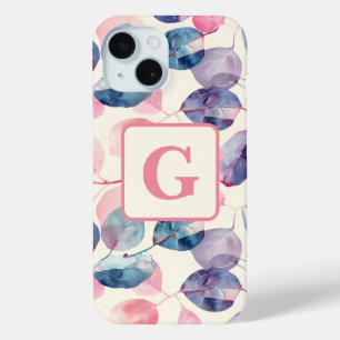 Purple pink Eucalyptus Watercolor Leaves monogram iPhone 15 Case