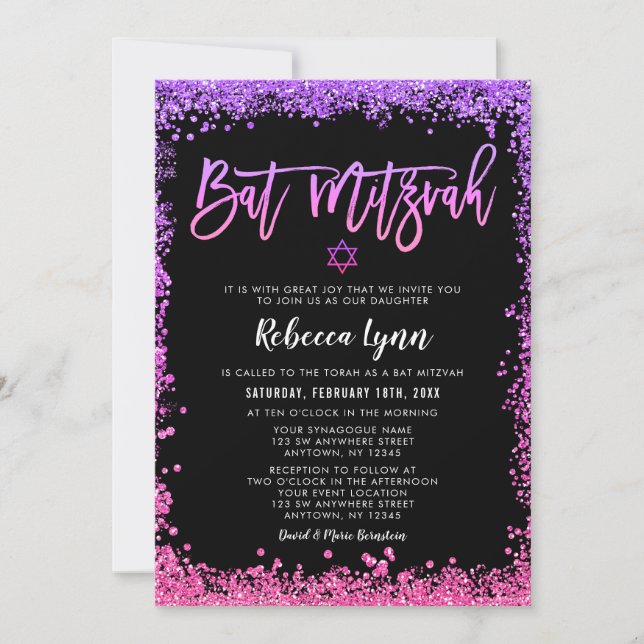 Purple Pink Faux Glitter Bat Mitzvah Invitation (Front)