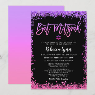 Purple Pink Faux Glitter Bat Mitzvah Invitation