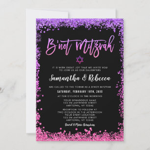 Purple Pink Faux Glitter B'not Mitzvah Invitation
