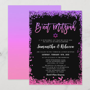 Purple Pink Faux Glitter B'not Mitzvah Invitation