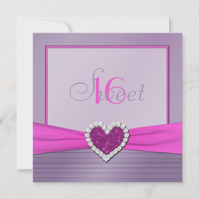 Purple Pink FAUX Glitter Heart Sweet 16 Invitation (Front)