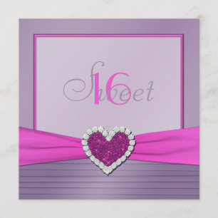 Purple Pink FAUX Glitter Heart Sweet 16 Invitation