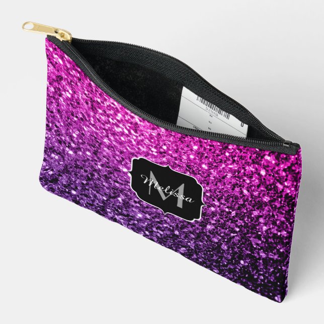 Purple pink faux glitter sparkles Monogram Accessory Pouch (Open)