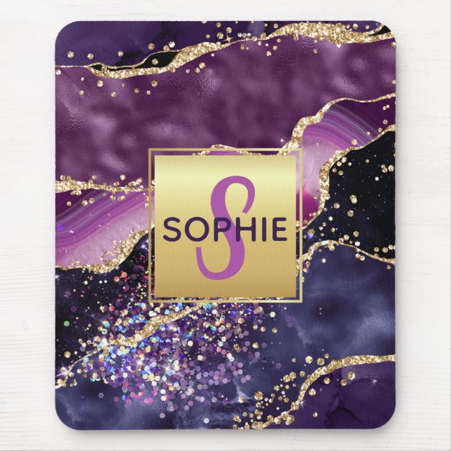 Purple & Pink & Faux Gold Glitter Agate Monogram Mouse Mat (Front)