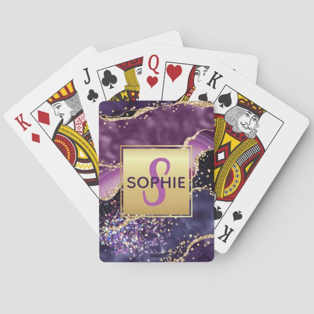 Purple & Pink & Faux Gold Glitter Agate Monogram Playing Cards (Back)