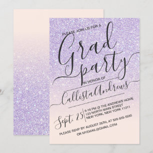 Purple Pink Faux Sparkly Glitter Ombre Graduation Invitation