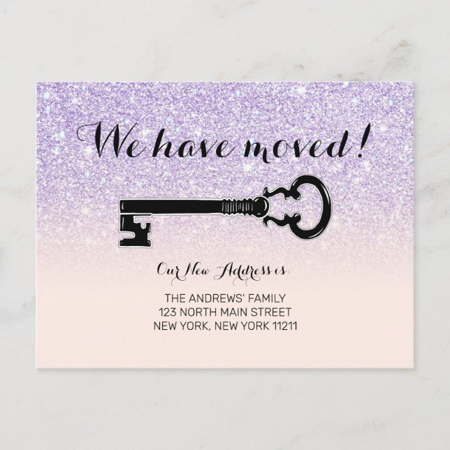 Purple Pink Faux Sparkly Glitter Ombre Key Moving Announcement Postcard (Front)