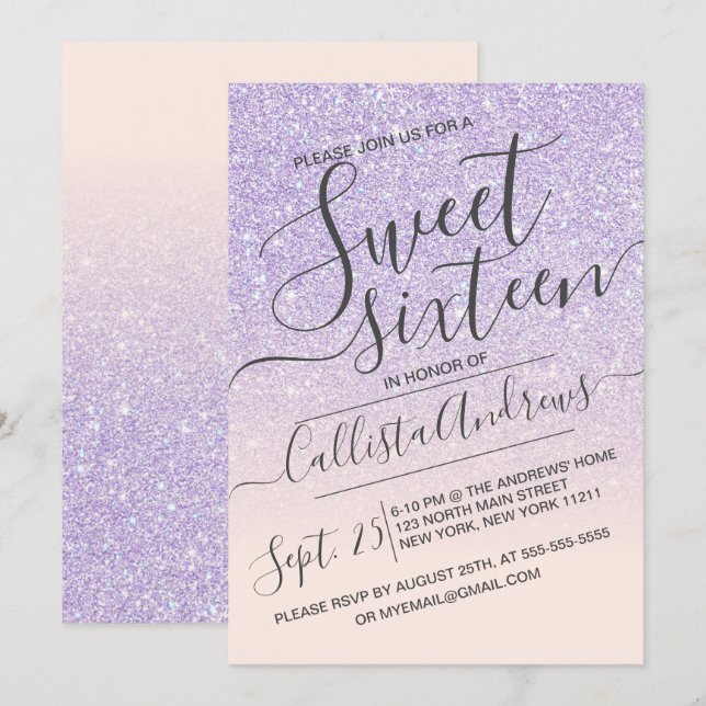 Purple Pink Faux Sparkly Glitter Ombre Sweet 16 Invitation (Front/Back)