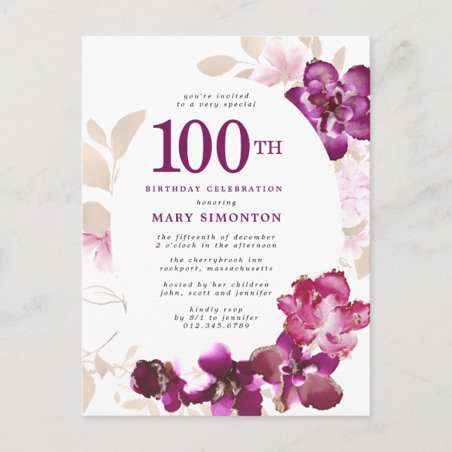 Purple Pink Floral 100th Birthday Invitation Postcard (Front)