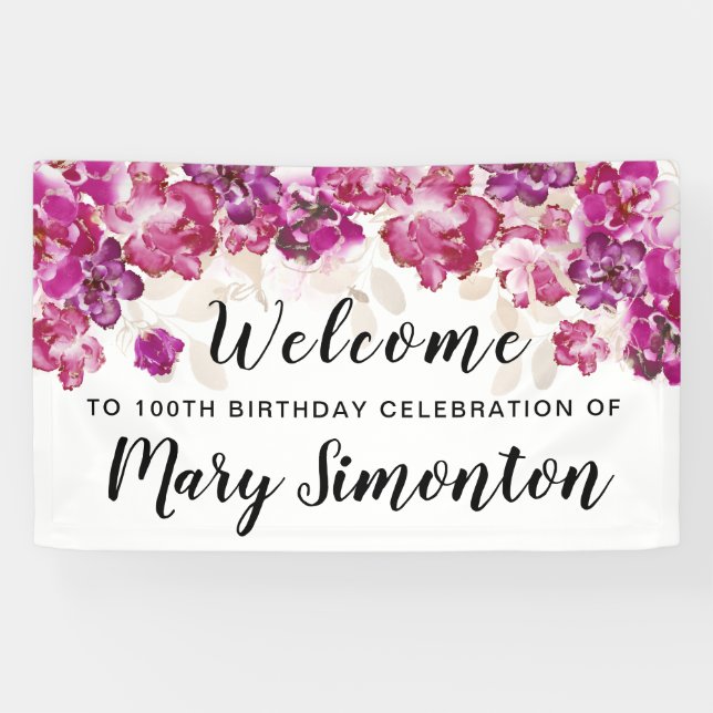 Purple Pink Floral 100th Birthday Party Welcome Banner (Horizontal)