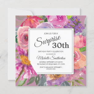 Purple Pink Floral 30th Surprise Birthday Invitation