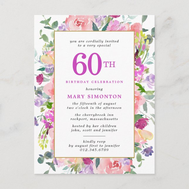 Purple Pink Floral 60th Birthday Invitation Postcard (Front)