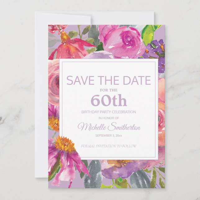 Purple Pink Floral 60th Birthday Save Date Save The Date (Front)