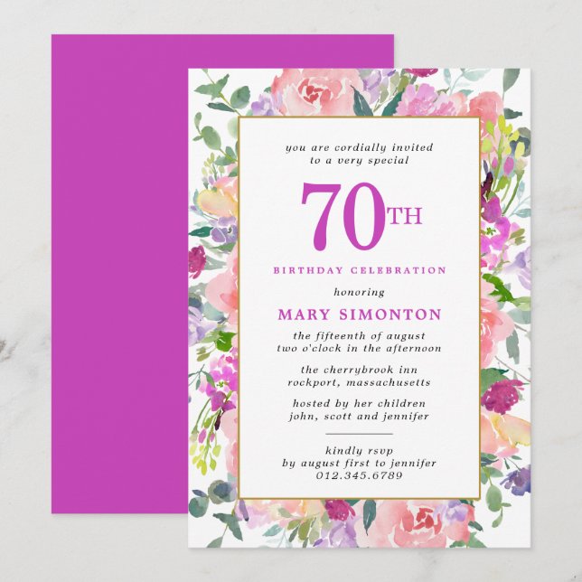 Purple Pink Floral 70th Birthday Invitation (Front/Back)