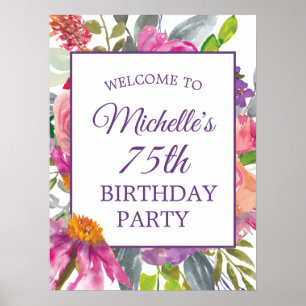 Purple Pink Floral 75th Birthday Welcome Poster