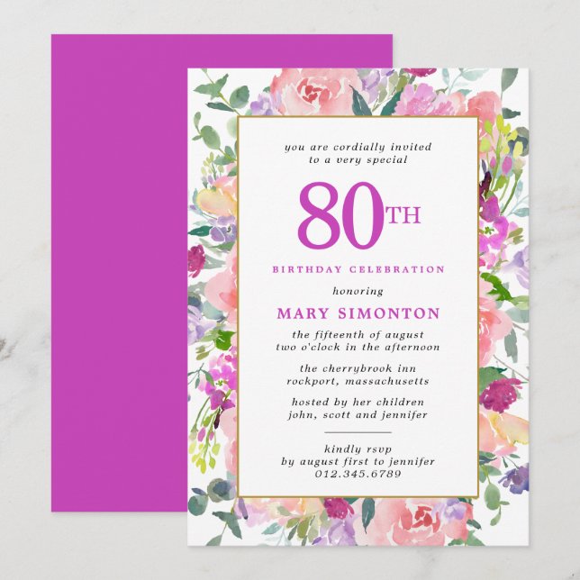 Purple Pink Floral 80th Birthday Invitation (Front/Back)