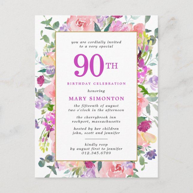 Purple Pink Floral 90th Birthday Invitation Postcard (Front)