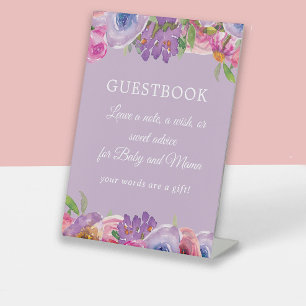 Purple Pink Floral Baby Girl Shower Guestbook Pedestal Sign