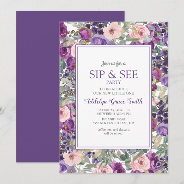 Purple Pink Floral Baby Girl Sip See Shower Invitation (Front/Back)