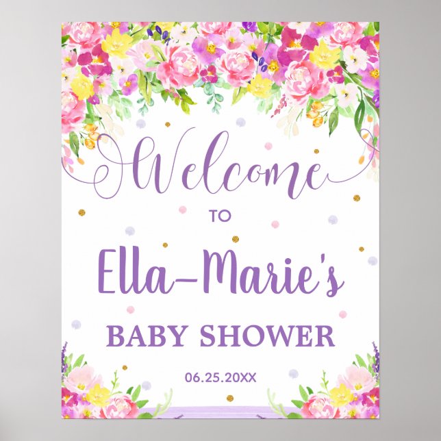 Purple Pink Floral Baby Shower Birthday Welcome Poster (Front)